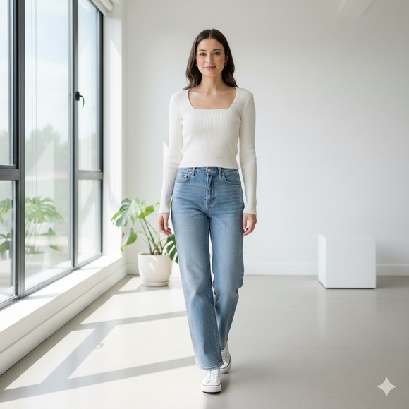 Cream ribbed knit long sleeve square neck top - Small NWOT - Picture 1 of 2